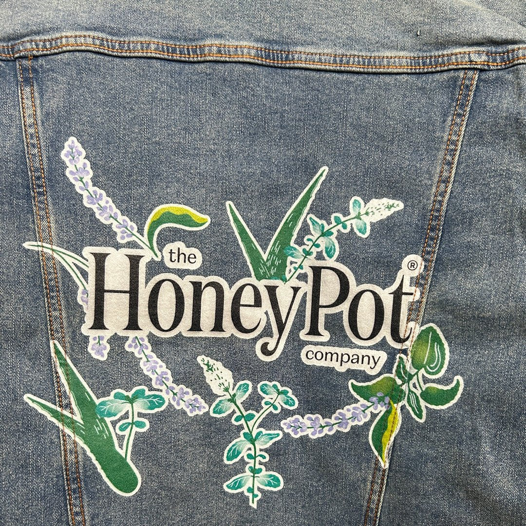 AS - IS. 4. "Honey Pot." ONE - OF - ONE. Printed Denim Jacket — Medium / Stonewashed custom denim jacket by DenimINK