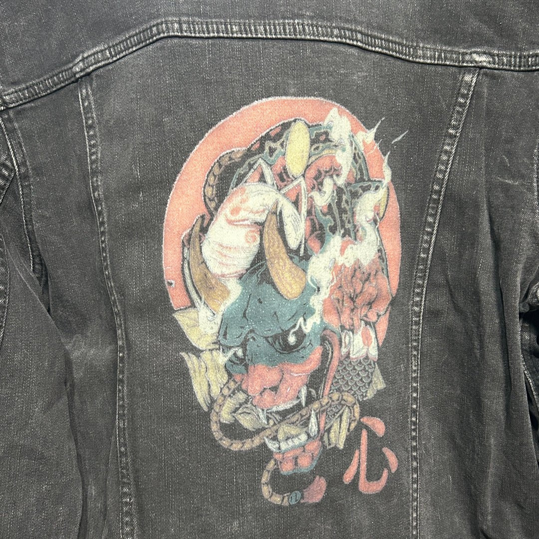 AS - IS. 6. Skull Illustration. ONE - OF - ONE. Printed Denim Jacket — XL / black custom denim jacket by DenimINK