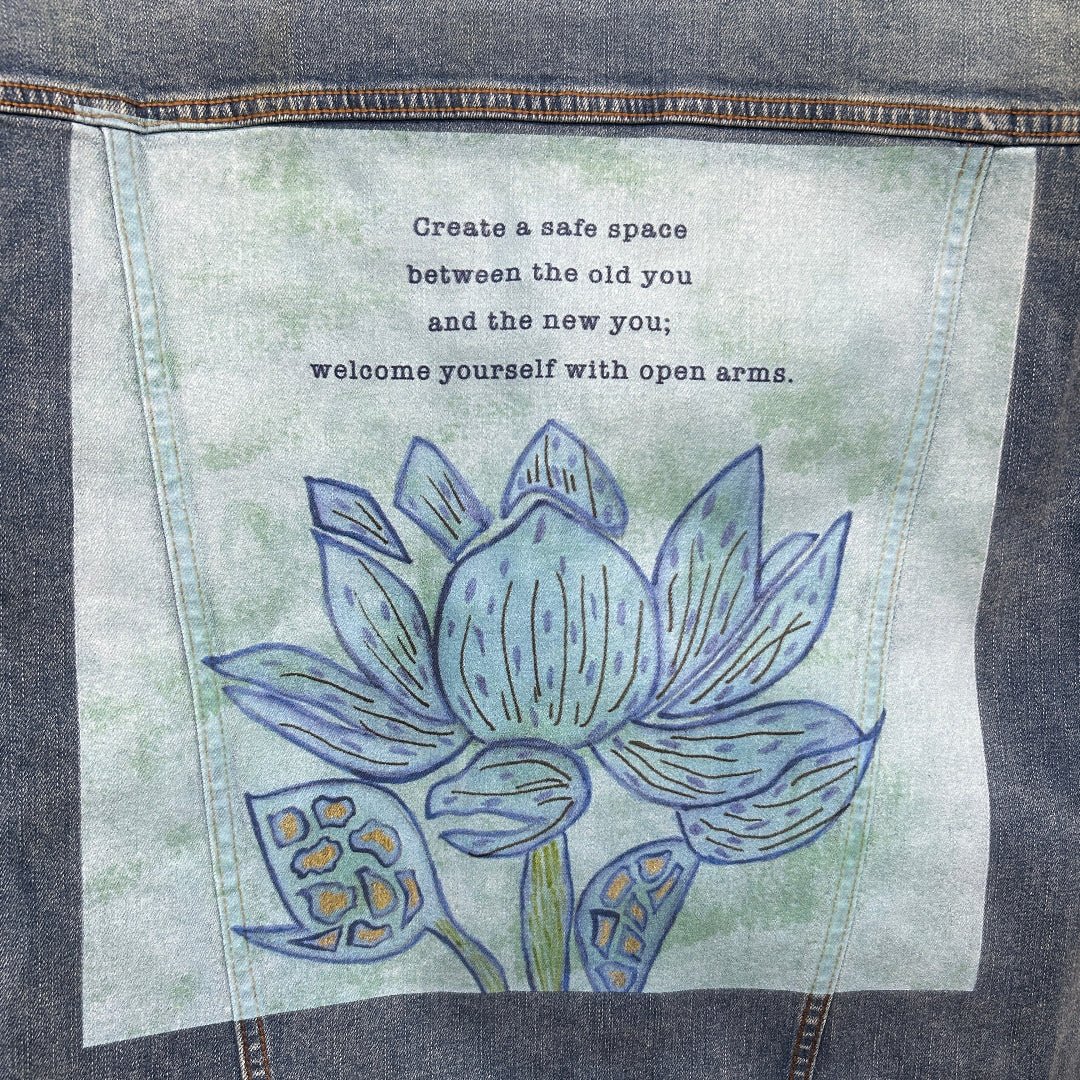 AS - IS. 14. Always Welcome Yourself by Canvas &amp; Quotations. ONE - OF - ONE. Printed Denim Jacket — Medium / Stonewashed custom denim jacket by DenimINK