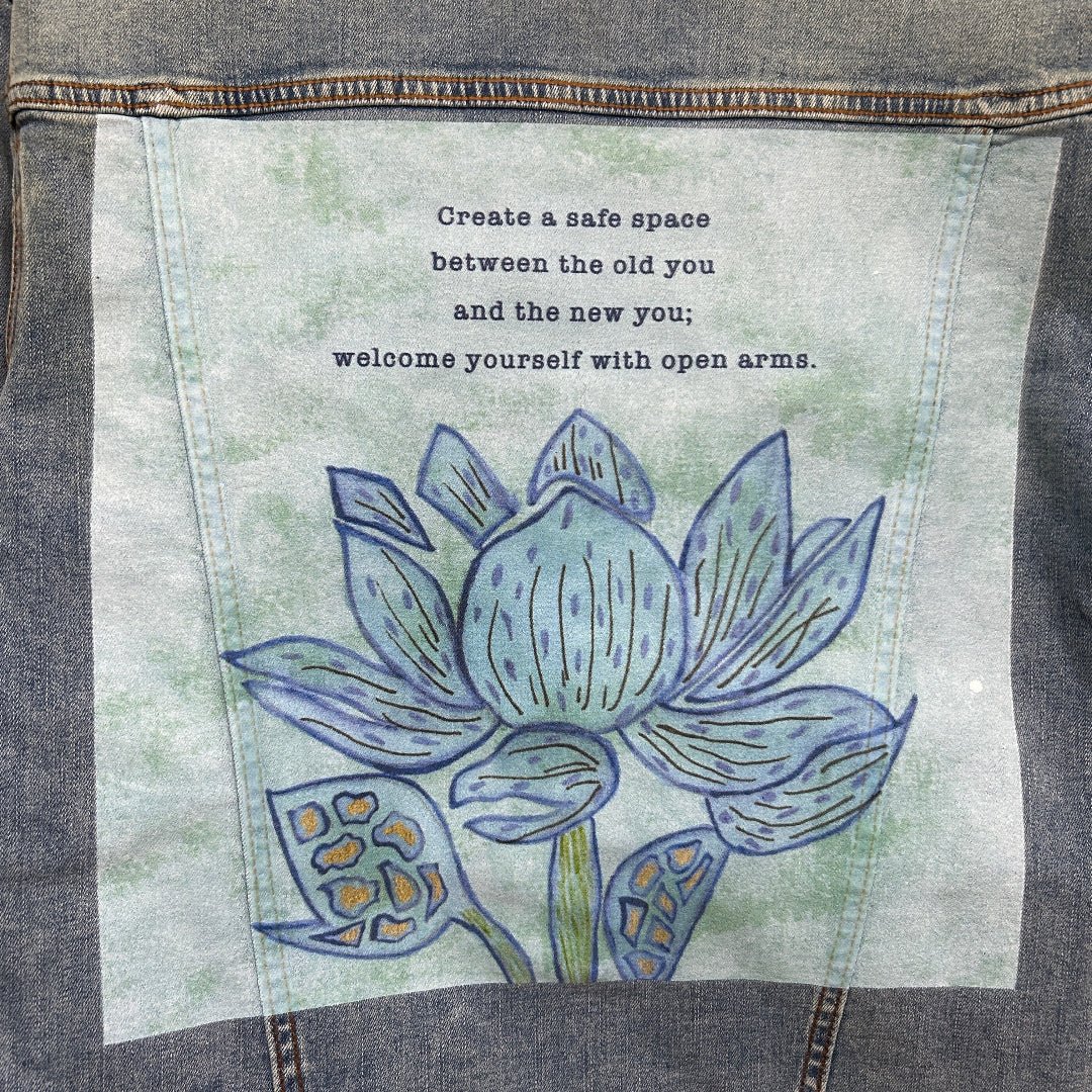 AS - IS. 15. Always Welcome Yourself by Canvas & Quotations. ONE - OF - ONE. Printed Denim Jacket — Medium / Stonewashed custom denim jacket by DenimINK
