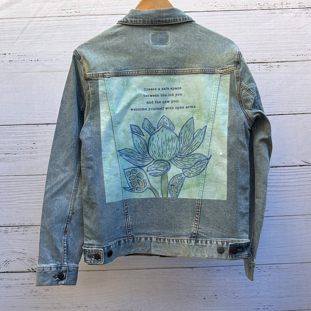 AS - IS. 15. Always Welcome Yourself by Canvas &amp; Quotations. ONE - OF - ONE. Printed Denim Jacket — Medium / Stonewashed custom denim jacket by DenimINK