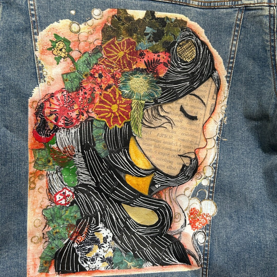 AS - IS. 16. Coloring Page Woman Collage by Canvas &amp; Quotations ONE - OF - ONE. Printed Denim Jacket — Medium / Stonewashed custom denim jacket by DenimINK