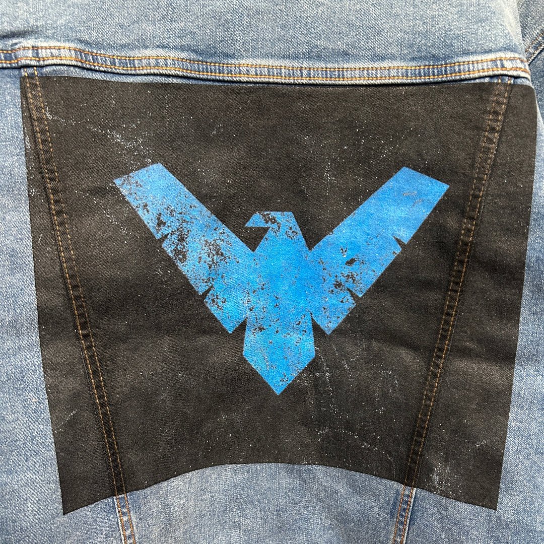 AS - IS. 18. Blue Winged Emblem. ONE - OF - ONE. Printed Denim Jacket — XL / Stonewashed custom denim jacket by DenimINK