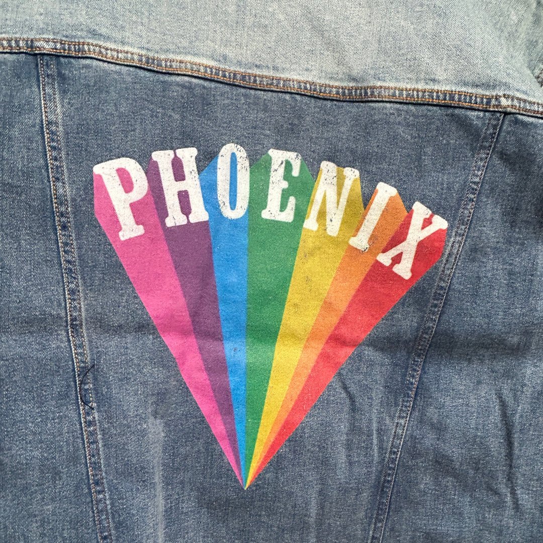 AS - IS. 19. Phoenix Rainbow Rays ONE - OF - ONE. Printed Denim Jacket. Large / Stonewashed. custom denim jacket by DenimINK
