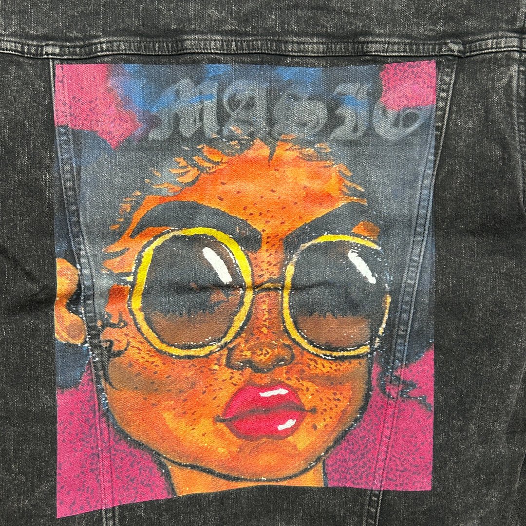 AS - IS. 23. Painted Portrait With Glasses. ONE - OF - ONE. Printed Denim Jacket. Medium / Black custom denim jacket by DenimINK