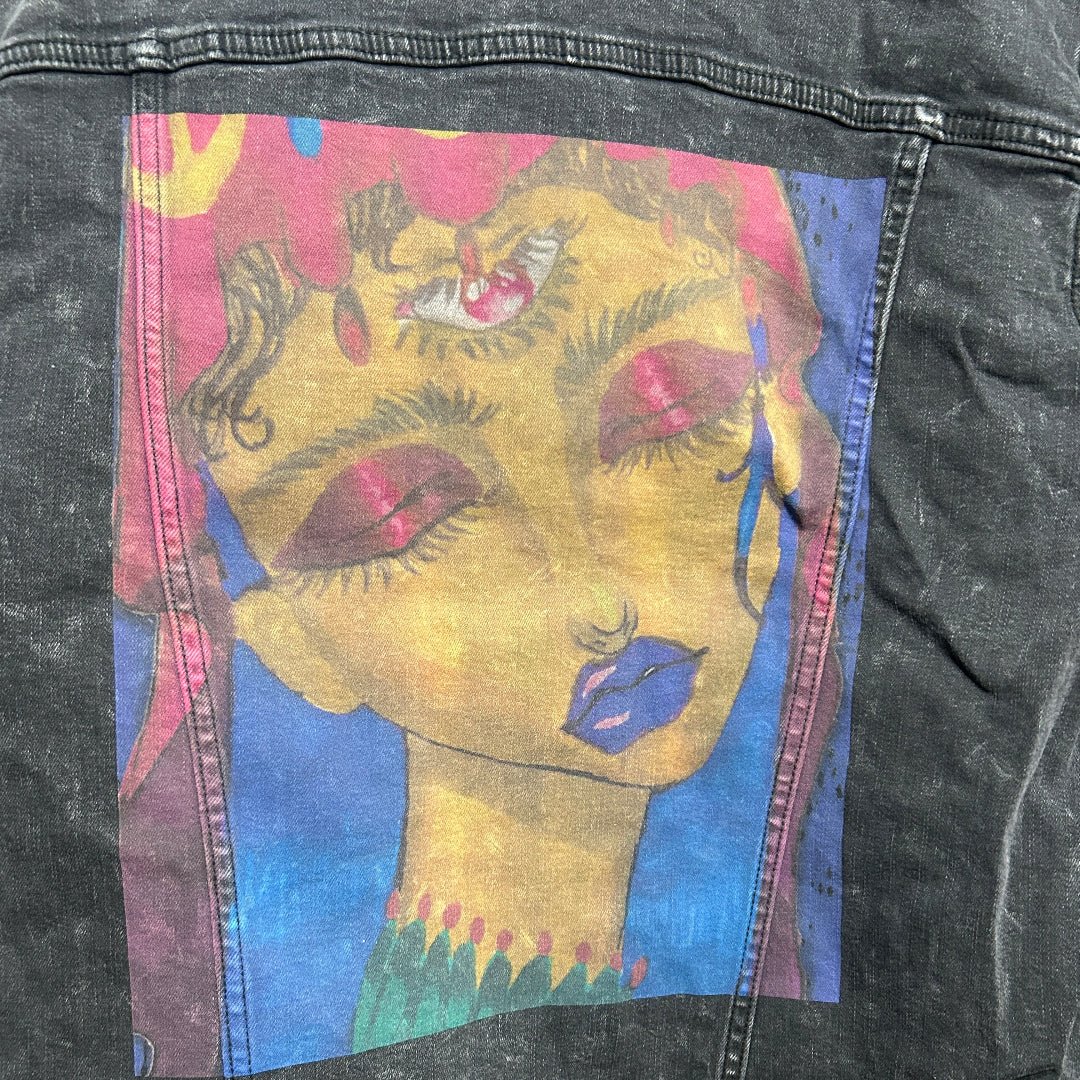 AS - IS. 24. Painted Portrait With Closed Eyes. ONE - OF - ONE. Printed Denim Jacket. Small / Black custom denim jacket by DenimINK