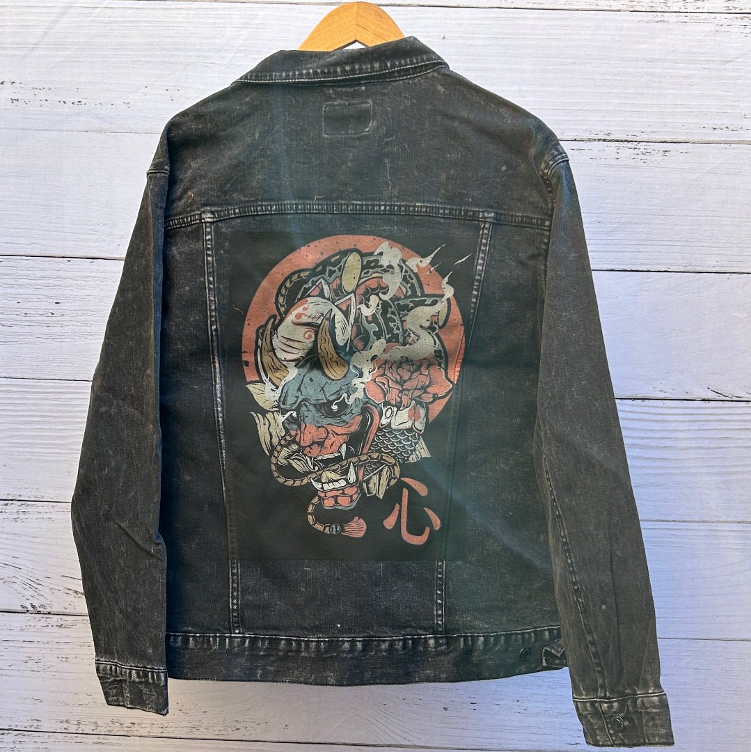 AS - IS. 25. Skull Illustration. ONE - OF - ONE. Printed Denim Jacket — XL / black custom denim jacket by DenimINK