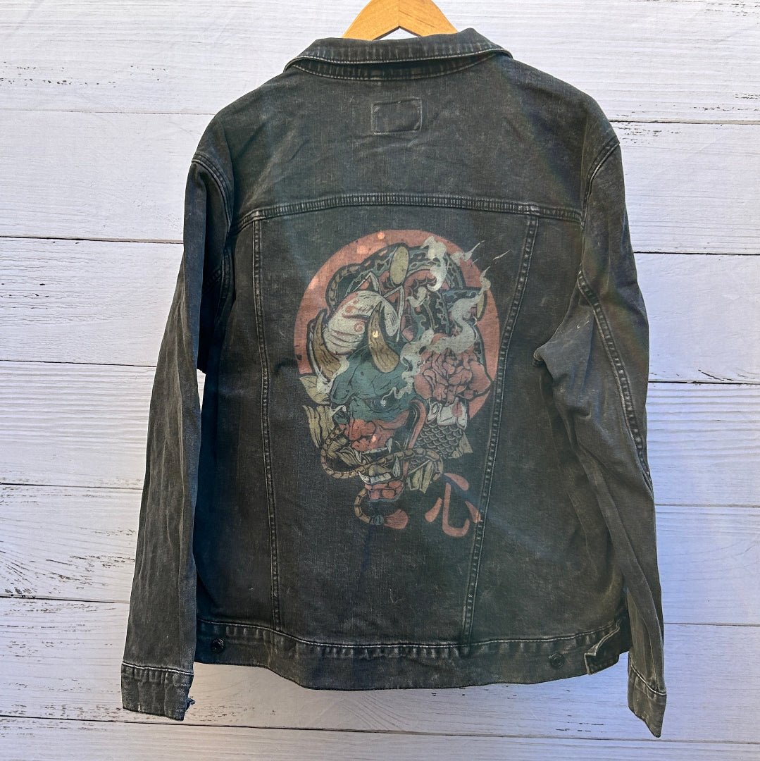 AS - IS. 26. Skull Illustration. ONE - OF - ONE. Printed Denim Jacket — XL / black custom denim jacket by DenimINK