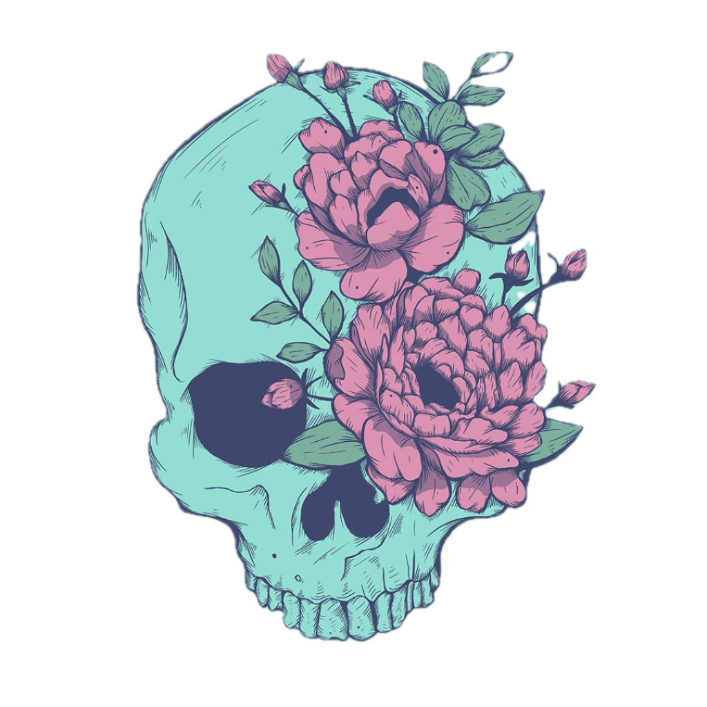 BLUE FLORAL SKULL by JESS ADAMS, digitally printed on DENIM products: throw pillows, aprons, table place mats, and hand-crafted Unisex Denim Jackets in 3 color choices