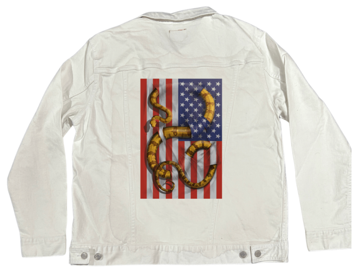 BOA CONSTRICTOR by VINCENT HIE,printed by DenimINK on hand-crafted Denim Jackets and other denim products and other denim products: tote bags, throw pillows, table place mats, aprons