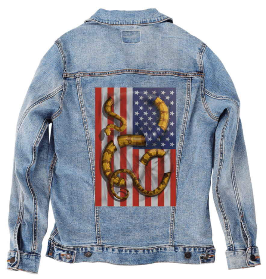 BOA CONSTRICTOR by VINCENT HIE,printed by DenimINK on hand-crafted Denim Jackets and other denim products and other denim products: tote bags, throw pillows, table place mats, aprons