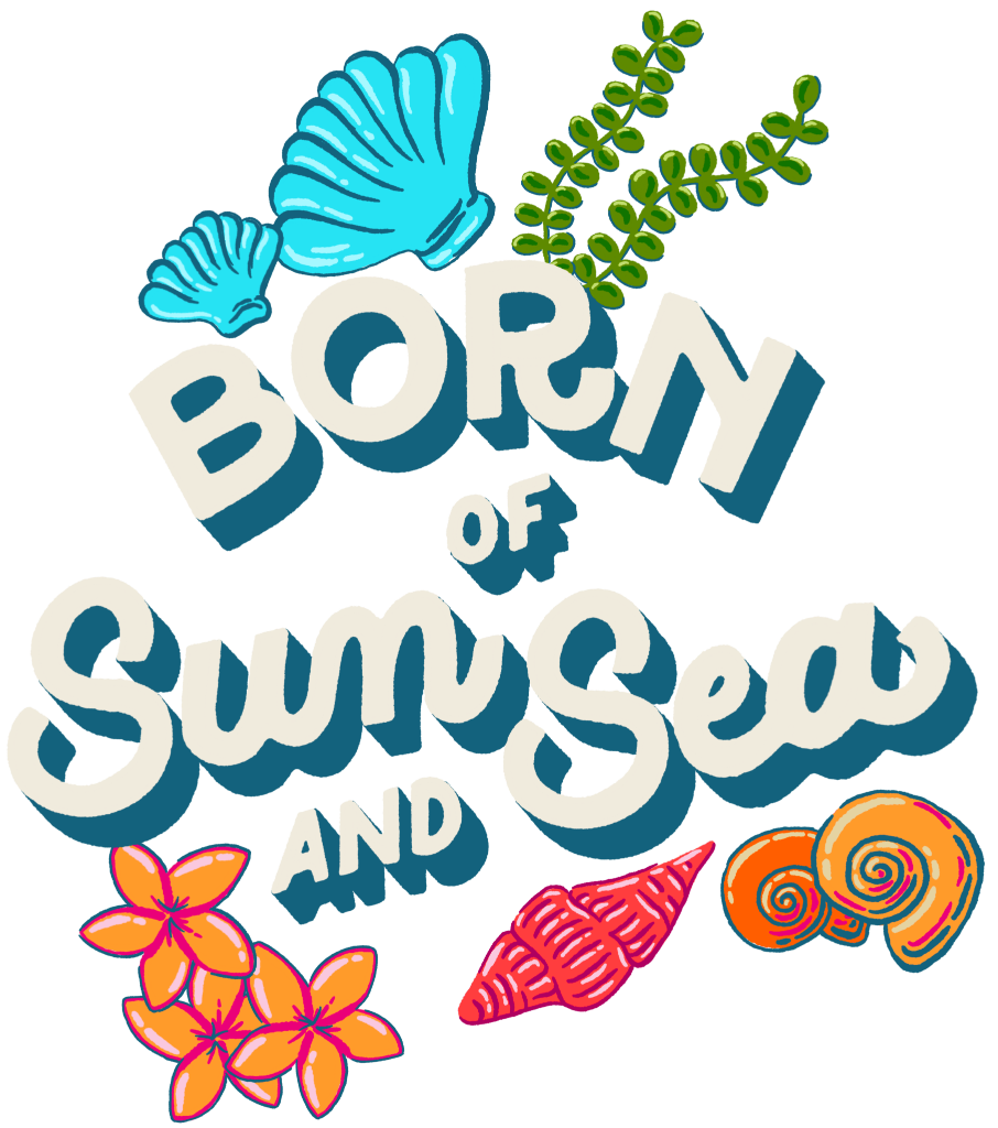 BORN OF SUN AND SEA by IndySign, printed on denim jackets and other denim products: tote bags, throw pillows, table place mats, aprons