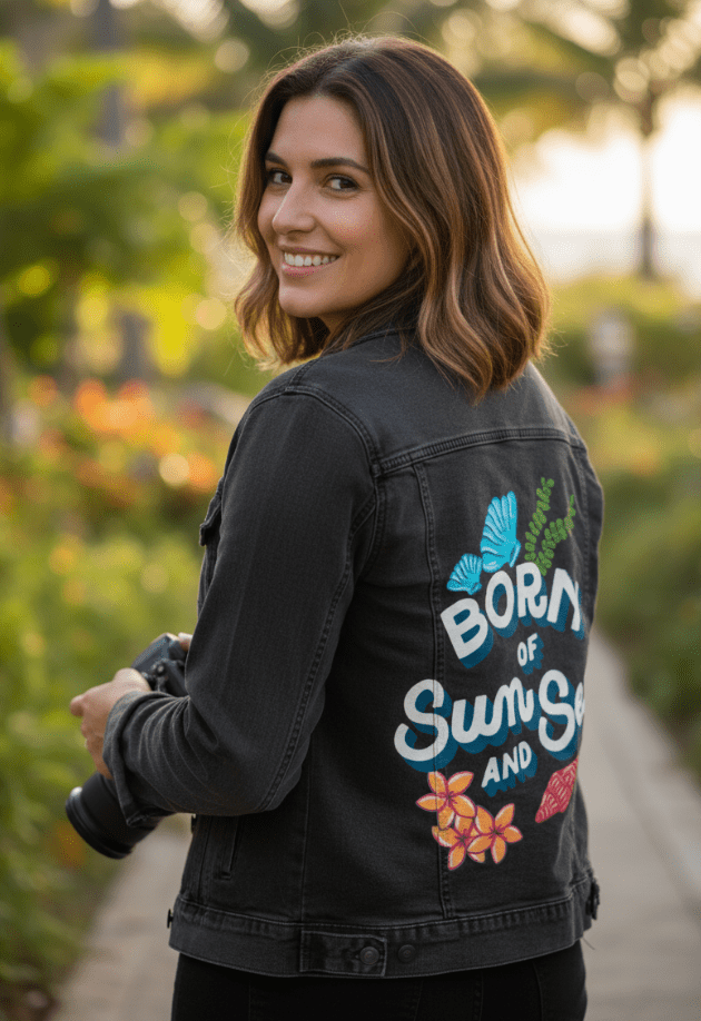 BORN OF SUN AND SEA by IndySign, printed on denim jackets and other denim products: tote bags, throw pillows, table place mats, aprons