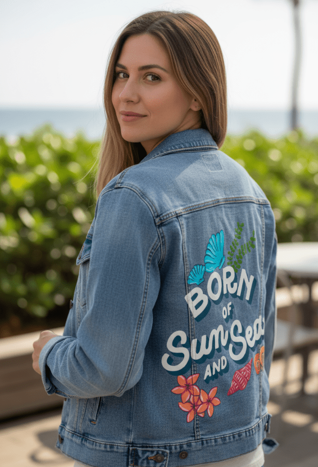 BORN OF SUN AND SEA by IndySign, printed on denim jackets and other denim products: tote bags, throw pillows, table place mats, aprons