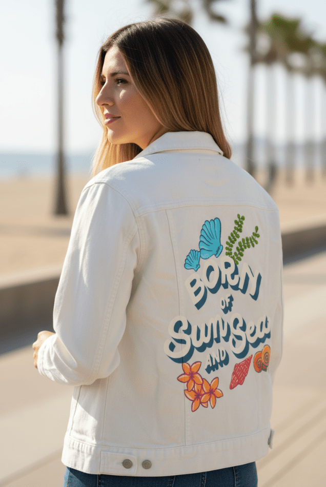 BORN OF SUN AND SEA by IndySign, printed on denim jackets and other denim products: tote bags, throw pillows, table place mats, aprons