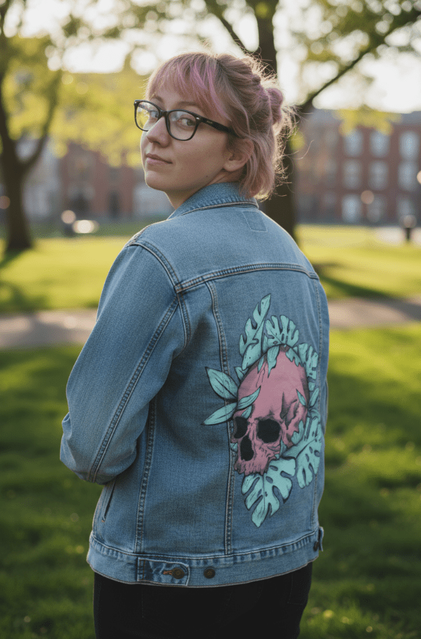 BOTANICAL SKULL by JESS ADAMS, digitally printed on DENIM products: throw pillows, aprons, table place mats, and hand-crafted Unisex Denim Jackets in 3 color choices