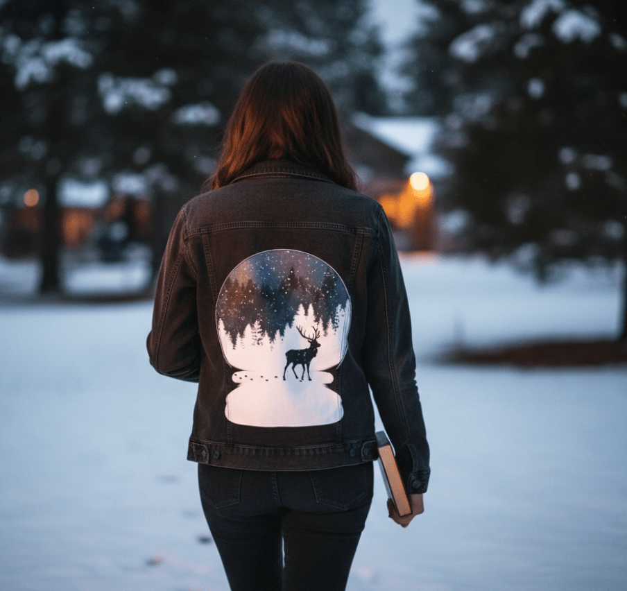 BOULE à NEIGE, by TOBE FONSECA, printed on denim jackets and other denim products: tote bags, throw pillows, table place mats, aprons