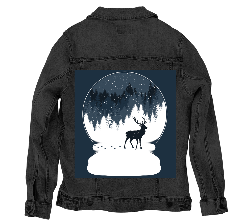 BOULE à NEIGE, by TOBE FONSECA, printed on denim jackets and other denim products: tote bags, throw pillows, table place mats, aprons