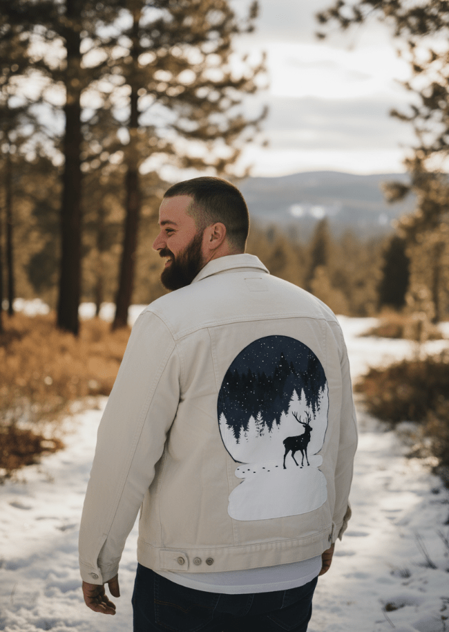 BOULE à NEIGE, by TOBE FONSECA, printed on denim jackets and other denim products: tote bags, throw pillows, table place mats, aprons