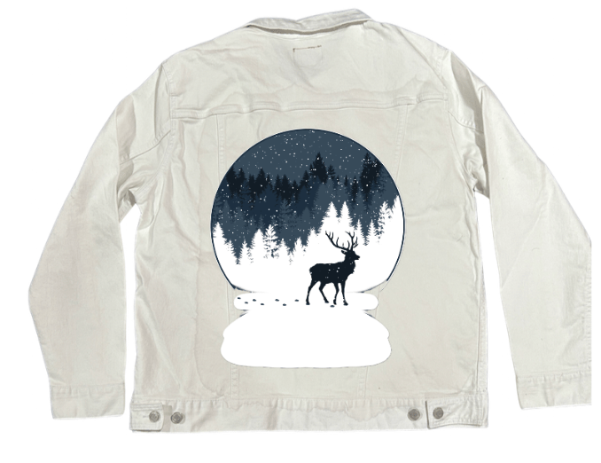 BOULE à NEIGE, by TOBE FONSECA, printed on denim jackets and other denim products: tote bags, throw pillows, table place mats, aprons