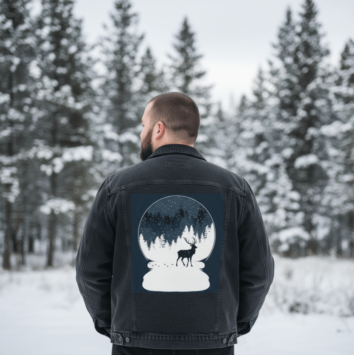 BOULE à NEIGE, by TOBE FONSECA, printed on denim jackets and other denim products: tote bags, throw pillows, table place mats, aprons