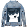 boule à neige, by Tobe Fonseca, on a hand-made Denim Jacket with 3 color choices: Stonewash, White, or Black. Unisex XS S M L XL 2X 3X. USA hand-made and USA digitally printed. Ships free within the USA &amp; also ships Internationally.
