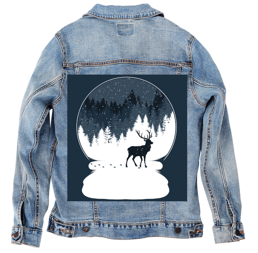 BOULE à NEIGE, by TOBE FONSECA, digitally printed on DENIM products: throw pillows, aprons, table place mats, and hand-made Unisex Denim Jackets in 3 color choices
