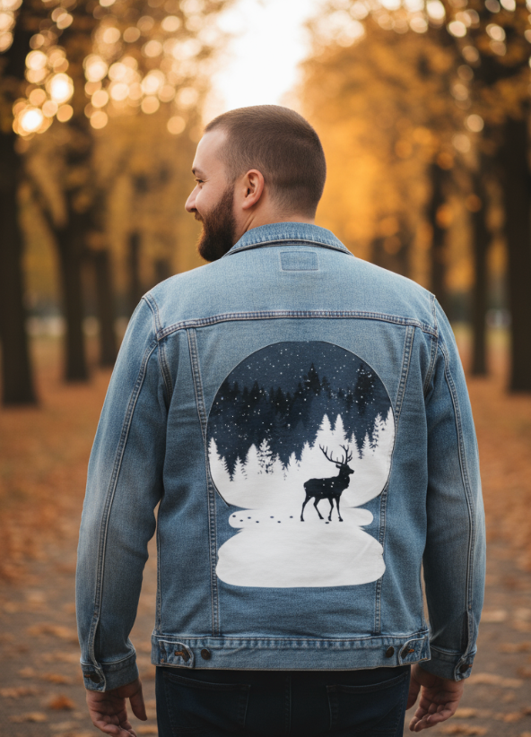 BOULE à NEIGE, by TOBE FONSECA, digitally printed on DENIM products: throw pillows, aprons, table place mats, and hand-made Unisex Denim Jackets in 3 color choices