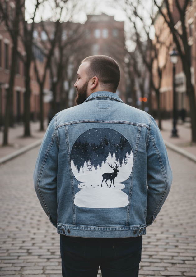 BOULE à NEIGE, by TOBE FONSECA, digitally printed on DENIM products: throw pillows, aprons, table place mats, and hand-made Unisex Denim Jackets in 3 color choices