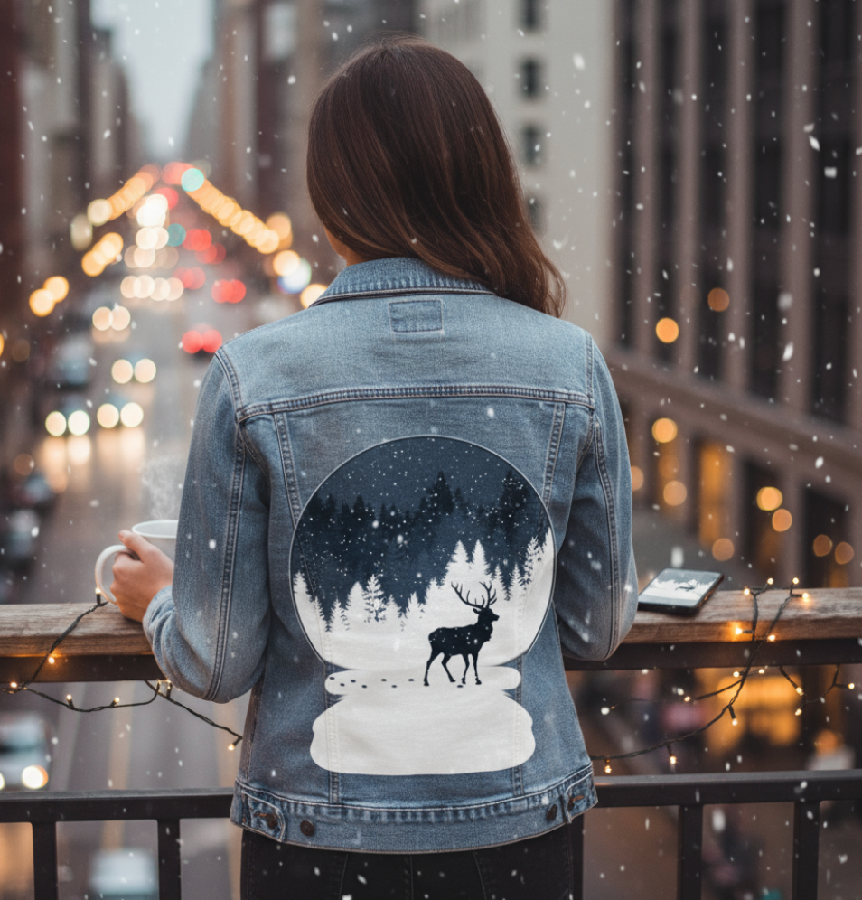 BOULE à NEIGE, by TOBE FONSECA, digitally printed on DENIM products: throw pillows, aprons, table place mats, and hand-made Unisex Denim Jackets in 3 color choices