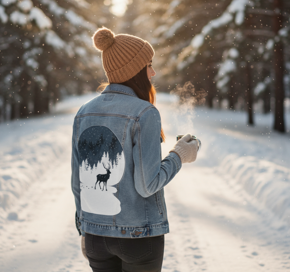 BOULE à NEIGE, by TOBE FONSECA, digitally printed on DENIM products: throw pillows, aprons, table place mats, and hand-made Unisex Denim Jackets in 3 color choices