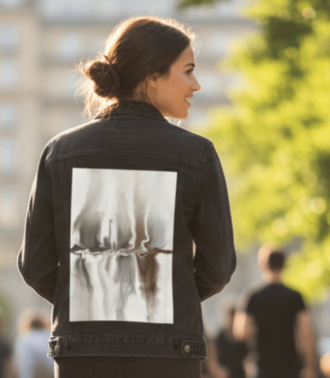 BROWN REFLECTION by RaMir DESIGNS, printed on denim jackets and other denim products: tote bags, throw pillows, table place mats, aprons