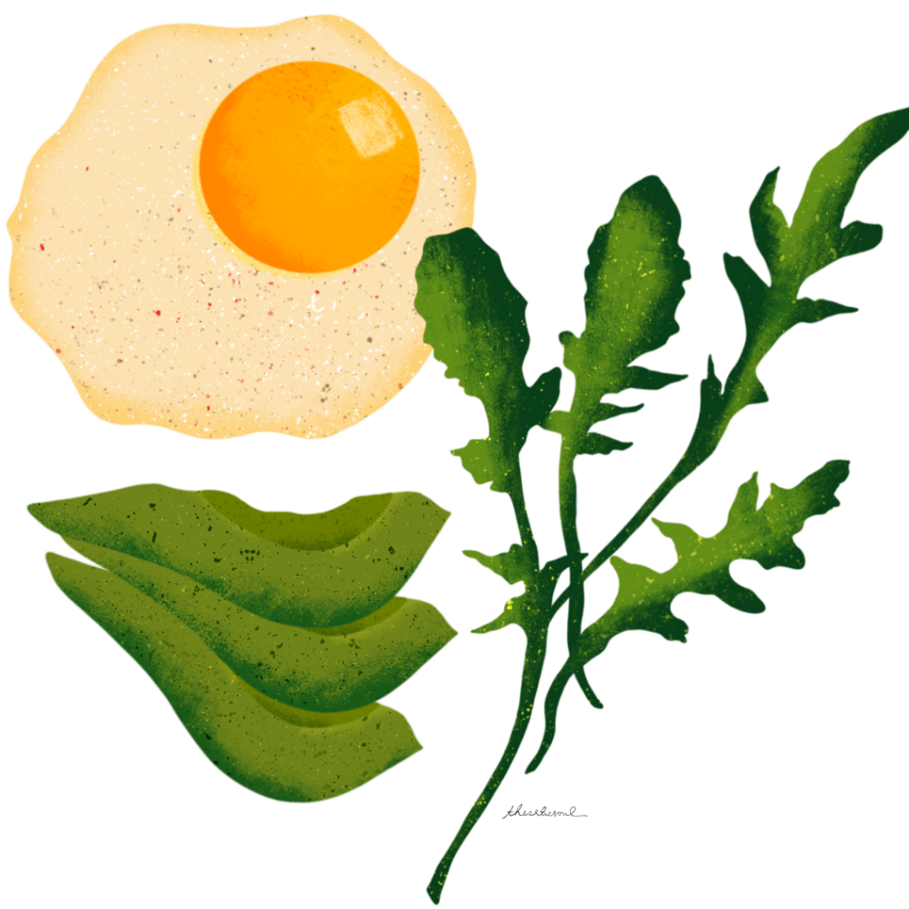 illustration of A sunny-side-up fried egg with a bright golden yolk and speckled white, paired with layered green avocado slices and a sprig of leafy greens. The egg sits at upper left, the avocado slices stack at lower left, and the greens extend upward on the right. All elements are painted with grainy texture and soft tonal variation, floating against a transparent background with no visible ground or setting. This artwork is titled “Brunch Club” and created by thearticsoul