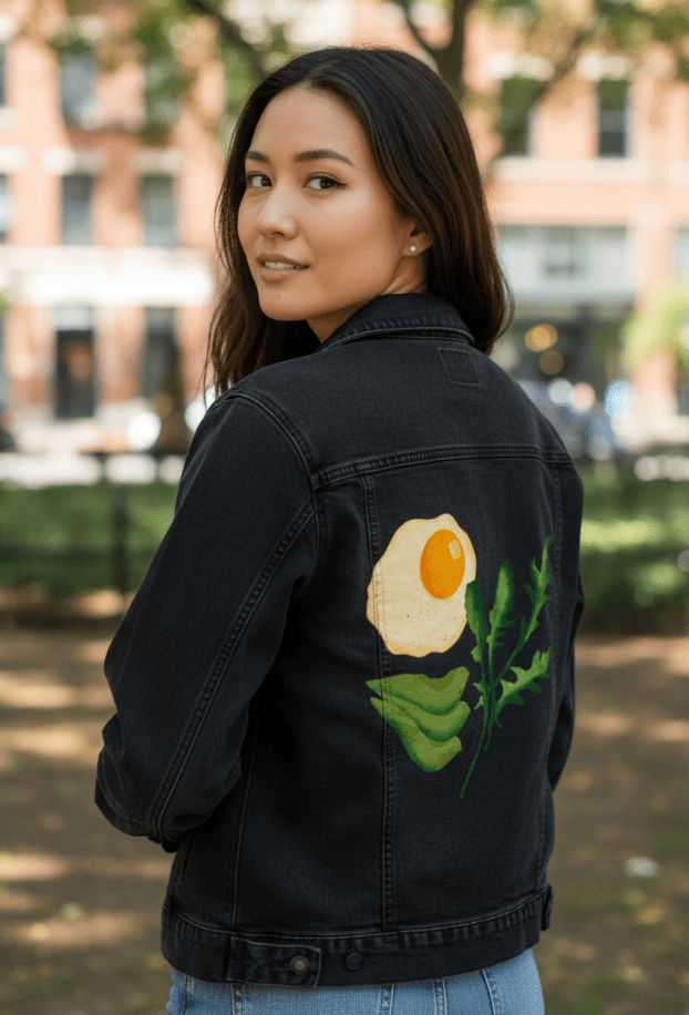 BRUNCH CLUB by thearticsoul, printed on denim jackets and other denim products: tote bags, throw pillows, table place mats, aprons