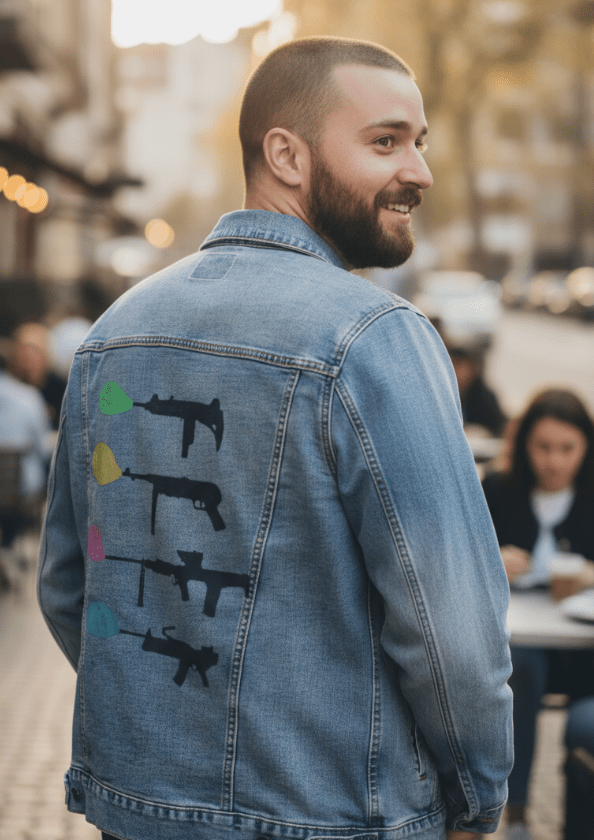 BUBBLE GUM by TOBE FONSECA, digitally printed on DENIM products: throw pillows, aprons, table place mats, and hand-crafted Unisex Denim Jackets in 3 color choices