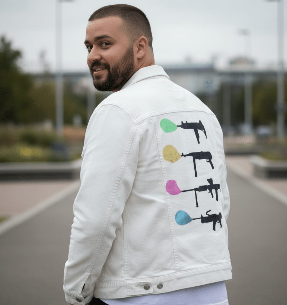 BUBBLE GUM by TOBE FONSECA, digitally printed on DENIM products: throw pillows, aprons, table place mats, and hand-crafted Unisex Denim Jackets in 3 color choices