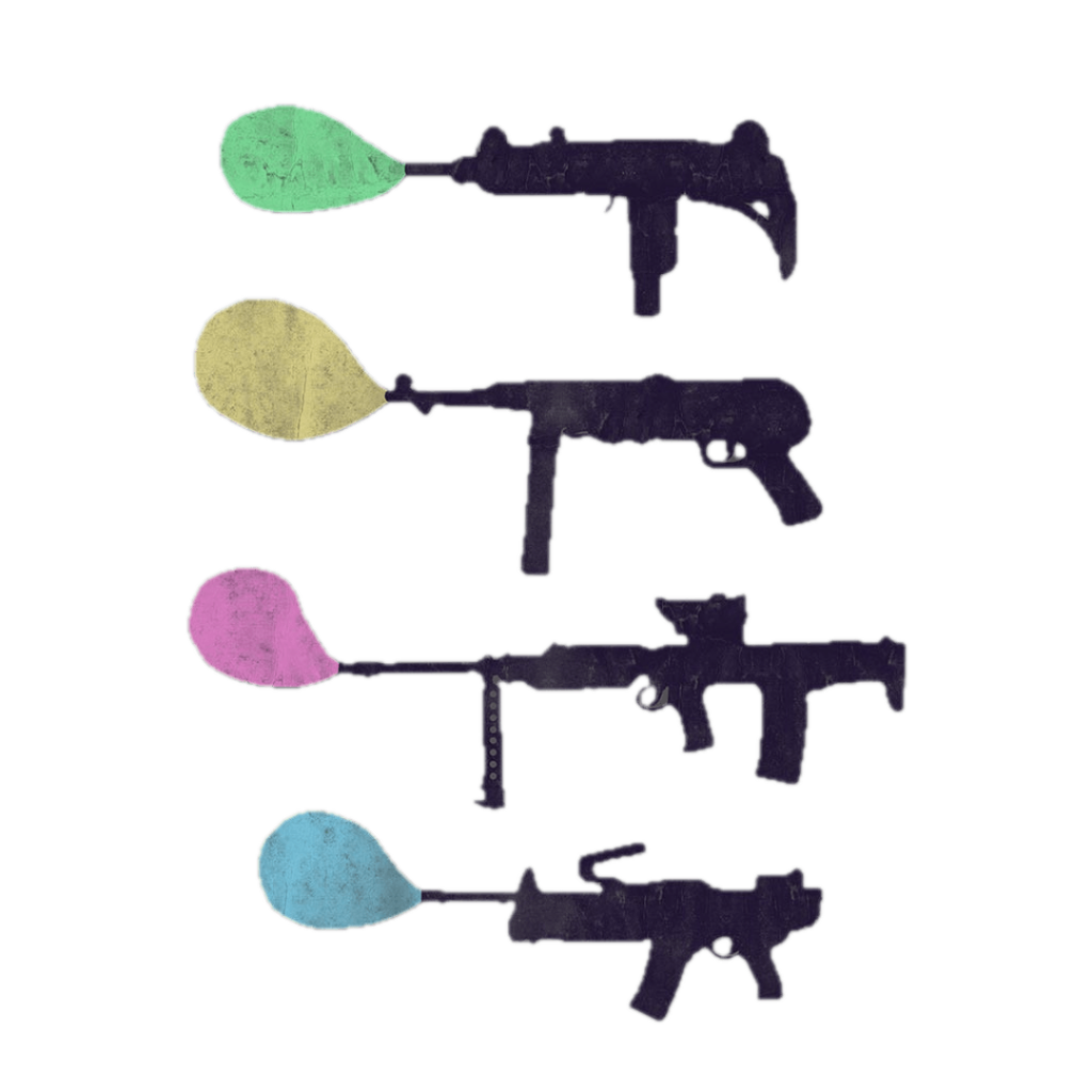 Four dark purple silhouette-style submachine guns stacked vertically, each facing right and paired with a rounded bubble-gum shape extending from the barrel. The bubble shapes are pastel green, pale yellow, pink, and light blue, each with a slightly textured surface. The guns appear flat and graphic with simplified details, set against a solid black background. This artwork is titled “Bubble Gum” and created by Tobe Fonseca