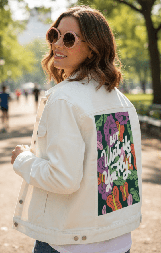 BUT WHAT IF YOU FLY by IndySign, printed on denim jackets and other denim products: tote bags, throw pillows, table place mats, aprons