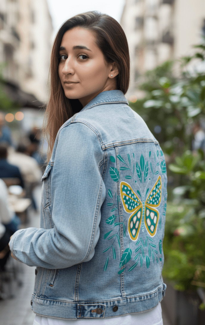 BUTTERFLY by HEND SHEHATA, printed on denim jackets and other denim products: tote bags, throw pillows, table place mats, aprons
