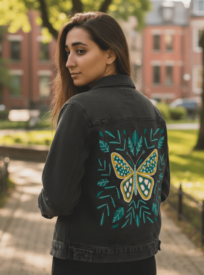 BUTTERFLY by HEND SHEHATA, printed on denim jackets and other denim products: tote bags, throw pillows, table place mats, aprons