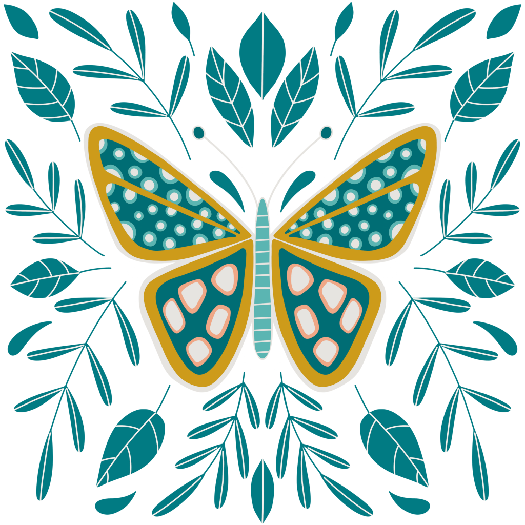 BUTTERFLY by HEND SHEHATA, printed on denim jackets and other denim products: tote bags, throw pillows, table place mats, aprons