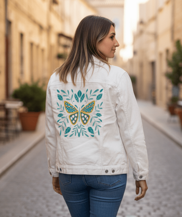 BUTTERFLY by HEND SHEHATA, printed on denim jackets and other denim products: tote bags, throw pillows, table place mats, aprons