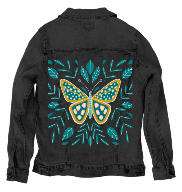 BUTTERFLY by HEND SHEHATA, printed on denim jackets and other denim products: tote bags, throw pillows, table place mats, aprons