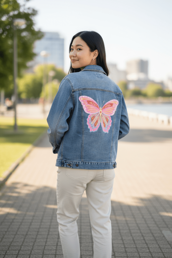 BUTTERFLY by thearticsoul, printed on denim jackets and other denim products: tote bags, throw pillows, table place mats, aprons