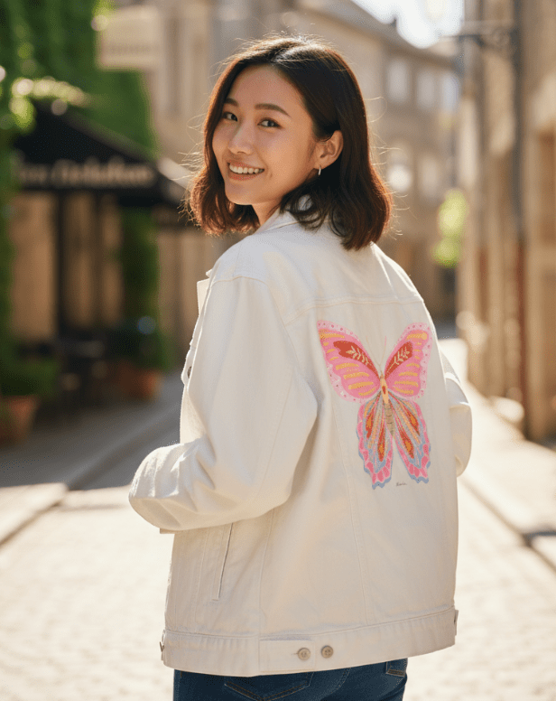BUTTERFLY by thearticsoul, printed on denim jackets and other denim products: tote bags, throw pillows, table place mats, aprons