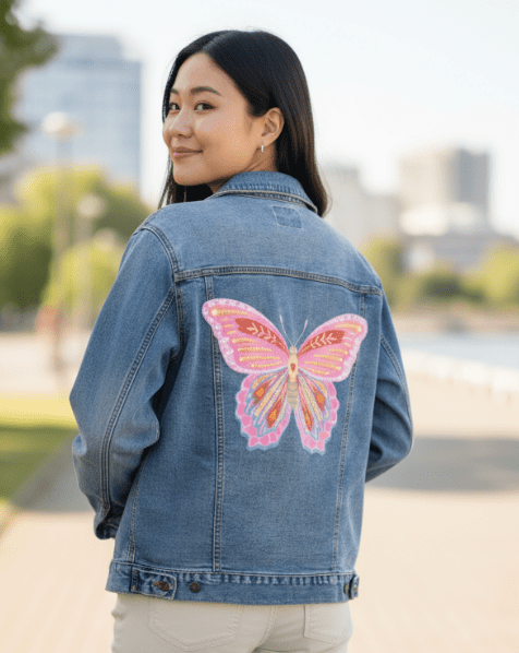 BUTTERFLY by thearticsoul, printed on denim jackets and other denim products: tote bags, throw pillows, table place mats, aprons