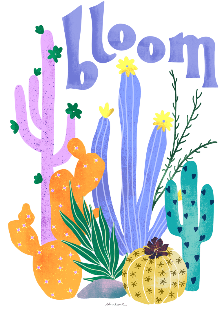 CACTUS BLOOMS by thearticsoul, printed on denim jackets and other denim products: tote bags, throw pillows, table place mats, aprons