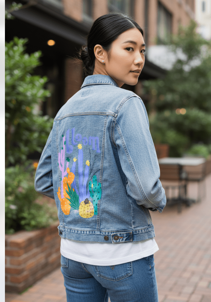 CACTUS BLOOMS by thearticsoul, printed on denim jackets and other denim products: tote bags, throw pillows, table place mats, aprons