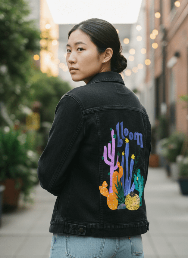CACTUS BLOOMS by thearticsoul, printed on denim jackets and other denim products: tote bags, throw pillows, table place mats, aprons