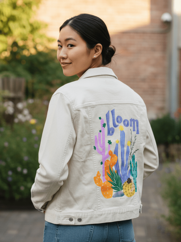 CACTUS BLOOMS by thearticsoul, printed on denim jackets and other denim products: tote bags, throw pillows, table place mats, aprons